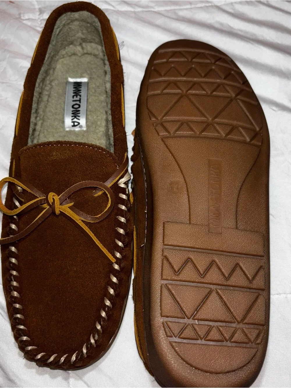 Minnetonka Men’s Brown Suede Shearling-Lined Moccasin Slipper